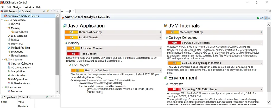JDK Mission Control Automated Analysis Results Page. This page shows results with yellow and red scores to draw your attention to potential problems. The Live Objects section of this page shows the potential memory leak candidate.