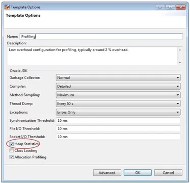 In the flight recording template manager select the Heap Statistics option.