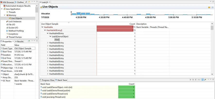 This picture shows a snapshot of the JDK Mission Control Live Objects page to identify a memory leaking class using the heap usage over the flight recording.
